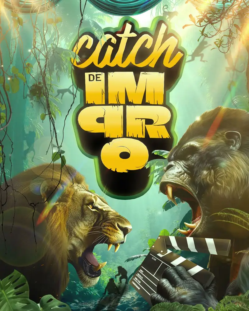 Cartel del Catch de Impro 2026: un león y un gorila rugiendo frente a frente en la selva, con una claqueta de cine.